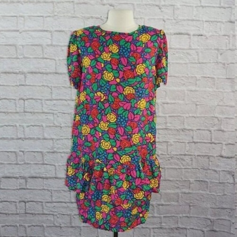 Vintage 80s John Matthews of California Floral Ruffle Tiered Dress Large
